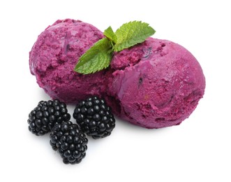 Photo of Delicious blackberry sorbet, mint and fresh berries isolated on white