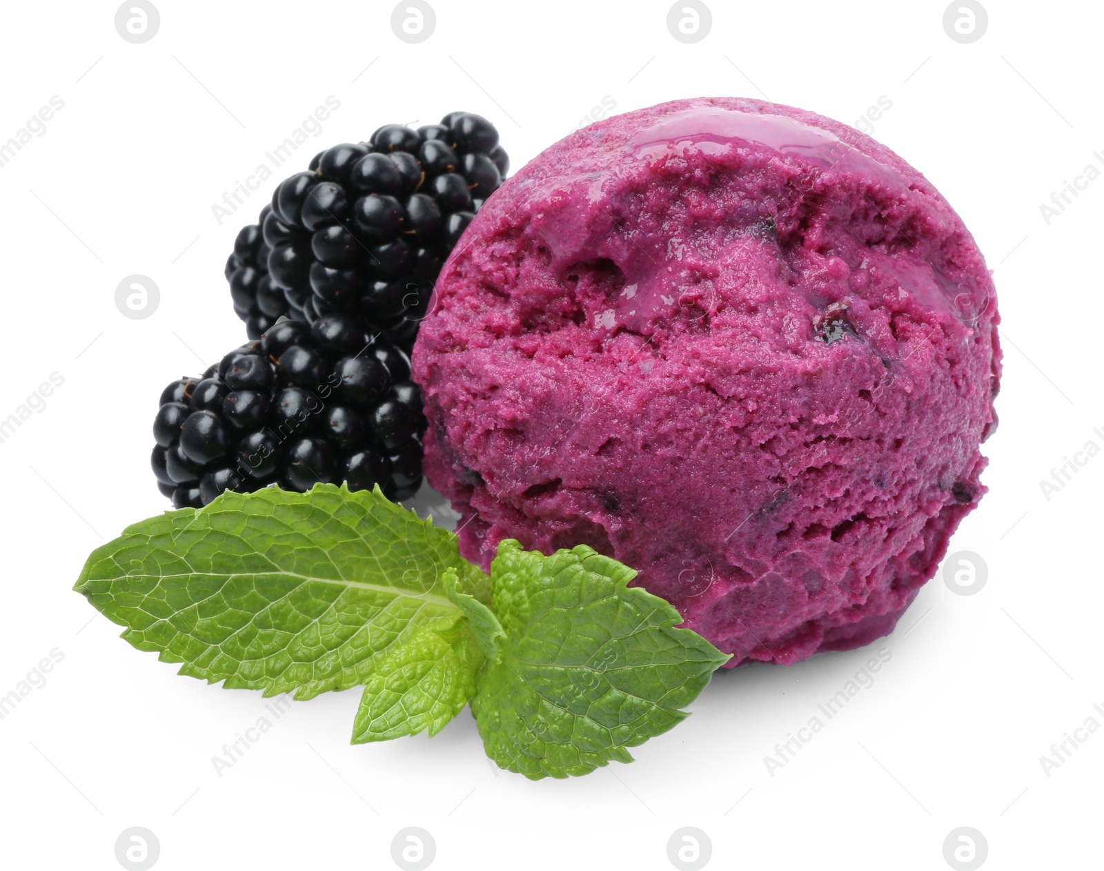 Photo of Delicious blackberry sorbet, mint and fresh berries isolated on white