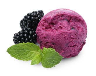 Delicious blackberry sorbet, mint and fresh berries isolated on white