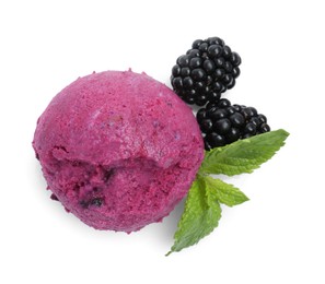 Delicious blackberry sorbet, mint and fresh berries isolated on white, top view