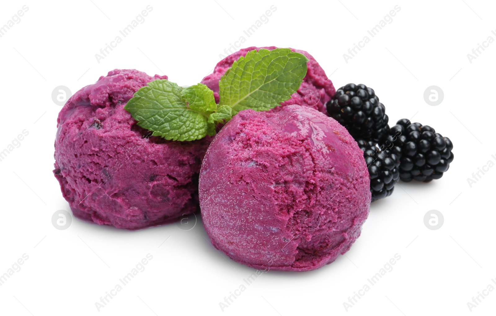 Photo of Delicious blackberry sorbet, mint and fresh berries isolated on white