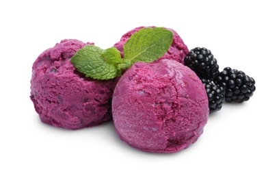 Delicious blackberry sorbet, mint and fresh berries isolated on white