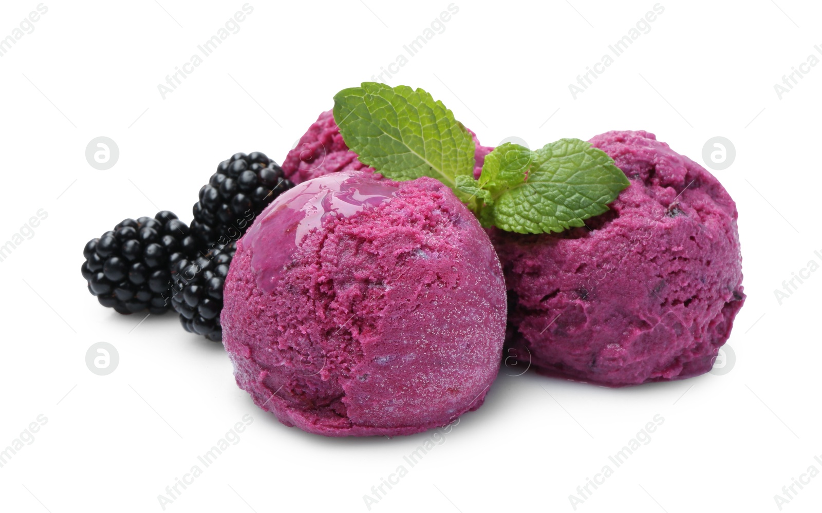 Photo of Delicious blackberry sorbet, mint and fresh berries isolated on white