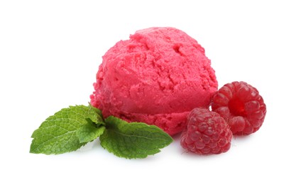 Photo of Delicious raspberry sorbet, mint and fresh berries isolated on white