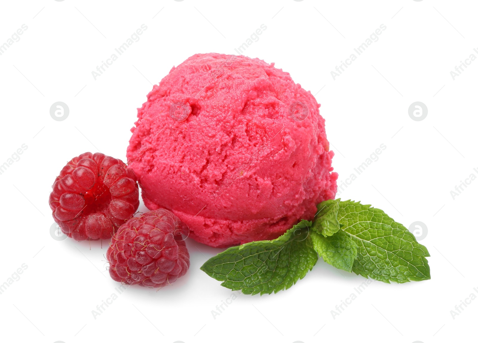 Photo of Delicious raspberry sorbet, mint and fresh berries isolated on white