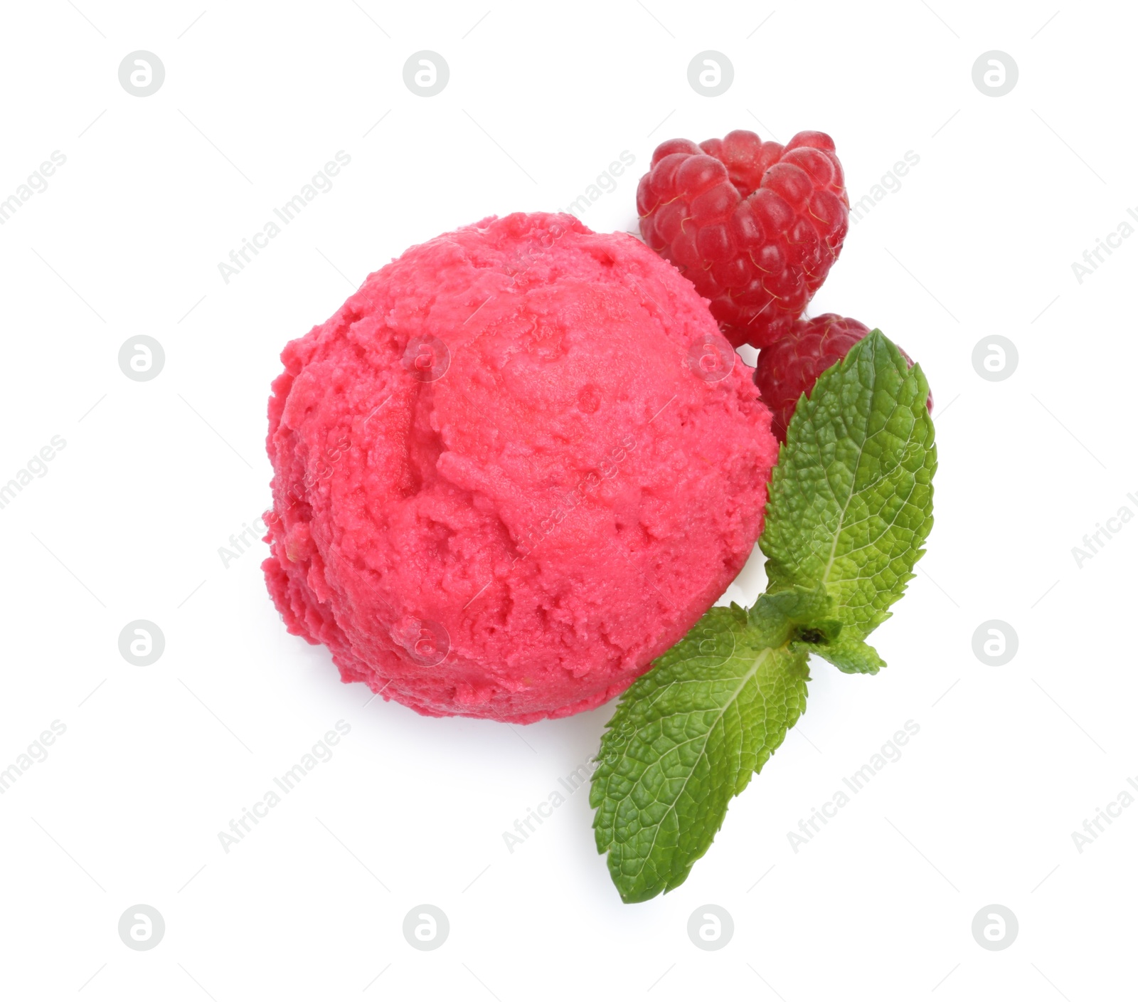 Photo of Delicious raspberry sorbet, mint and fresh berries isolated on white, top view