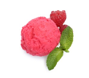 Photo of Delicious raspberry sorbet, mint and fresh berries isolated on white, top view