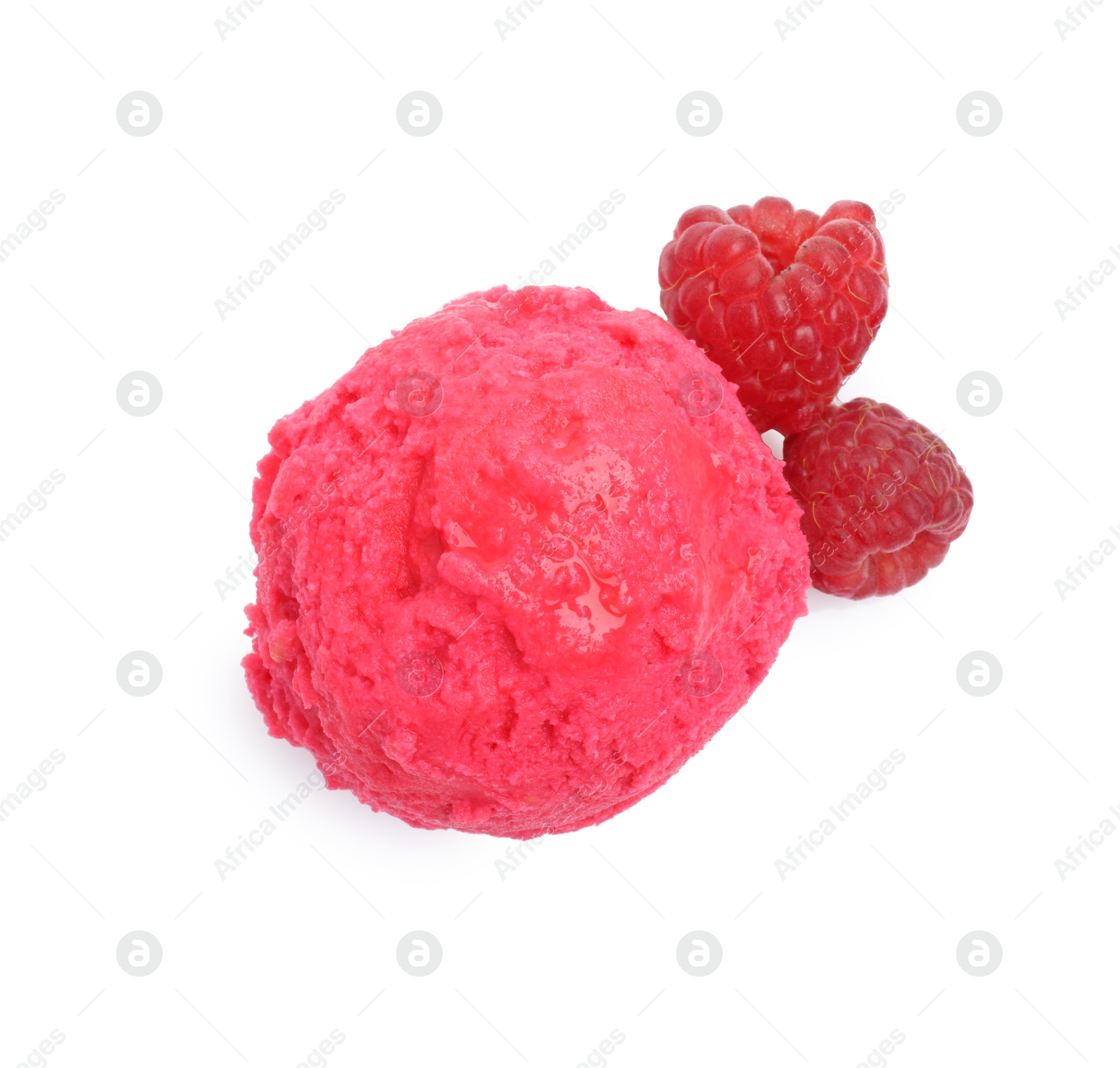 Photo of Delicious raspberry sorbet and fresh berries isolated on white, top view