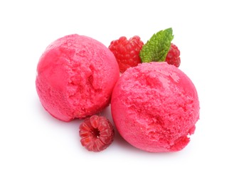 Photo of Delicious raspberry sorbet, mint and fresh berries isolated on white