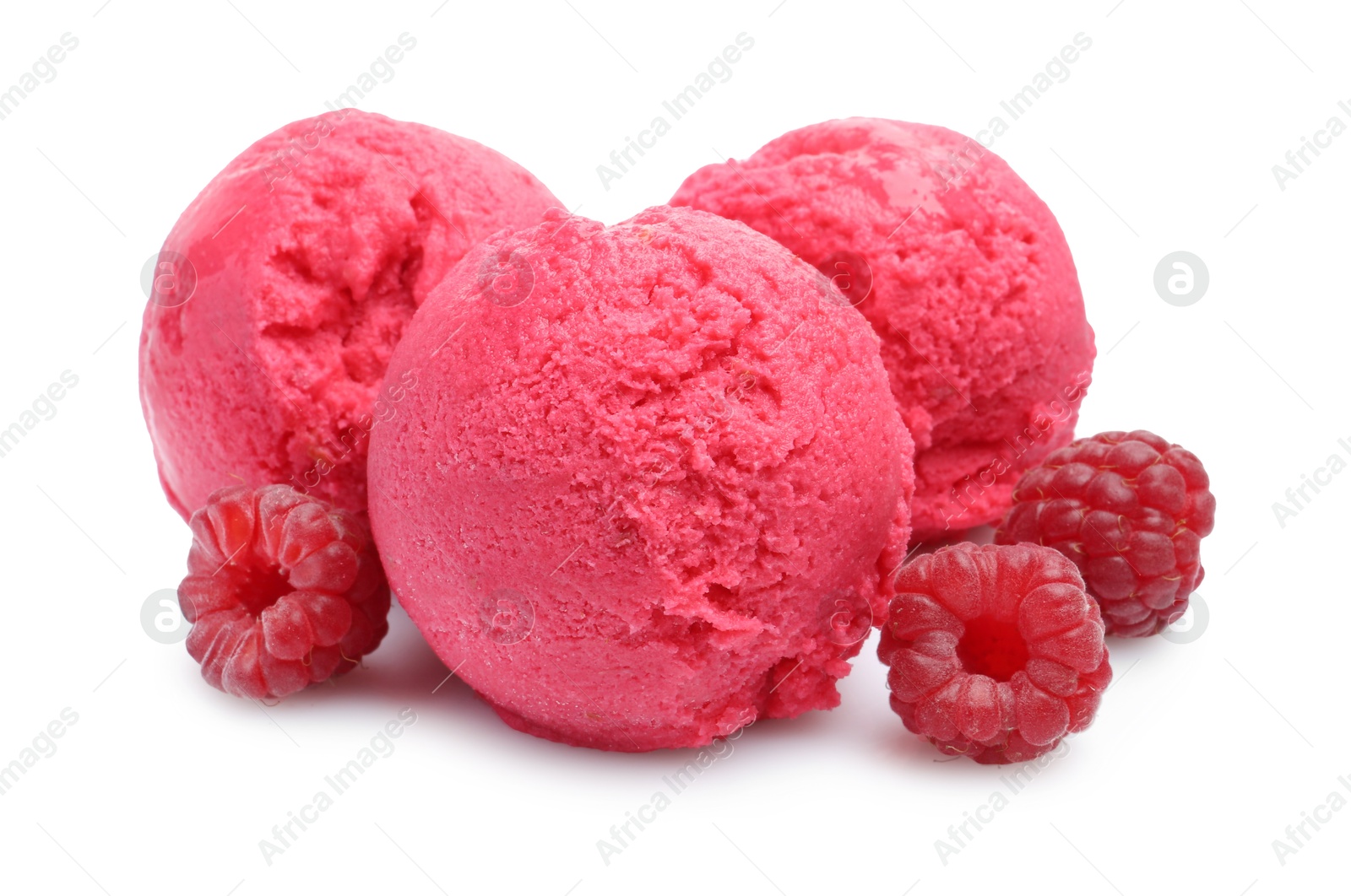 Photo of Delicious raspberry sorbet and fresh berries isolated on white