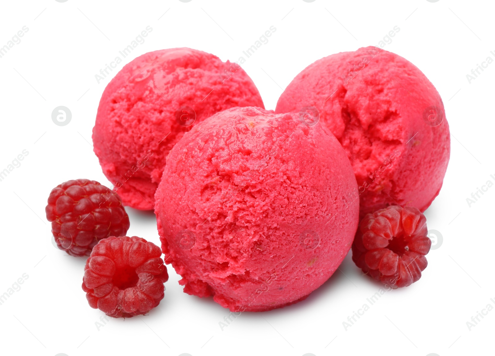 Photo of Delicious raspberry sorbet and fresh berries isolated on white