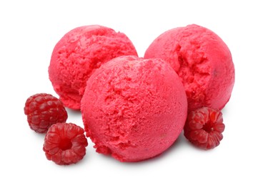 Delicious raspberry sorbet and fresh berries isolated on white