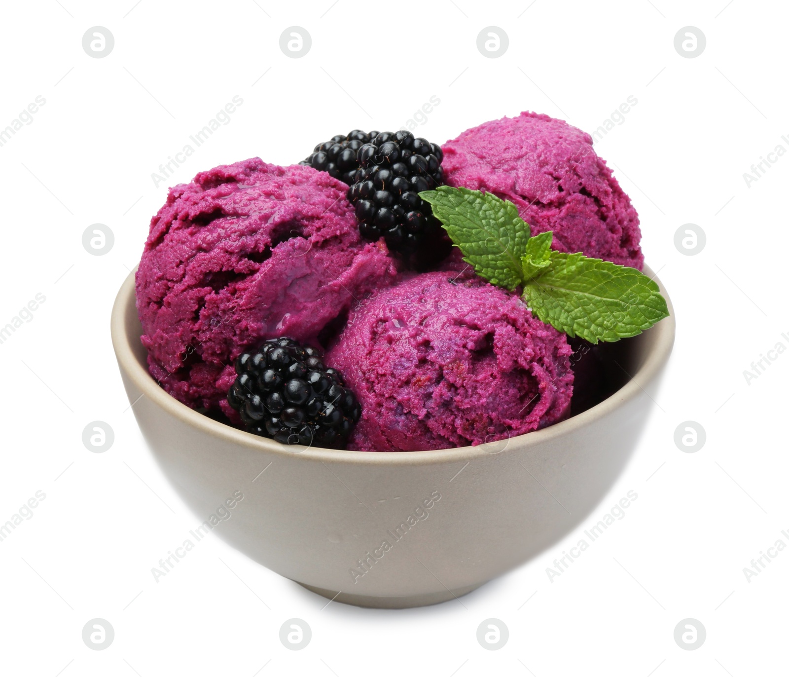 Photo of Delicious blackberry sorbet, mint and fresh berries isolated on white