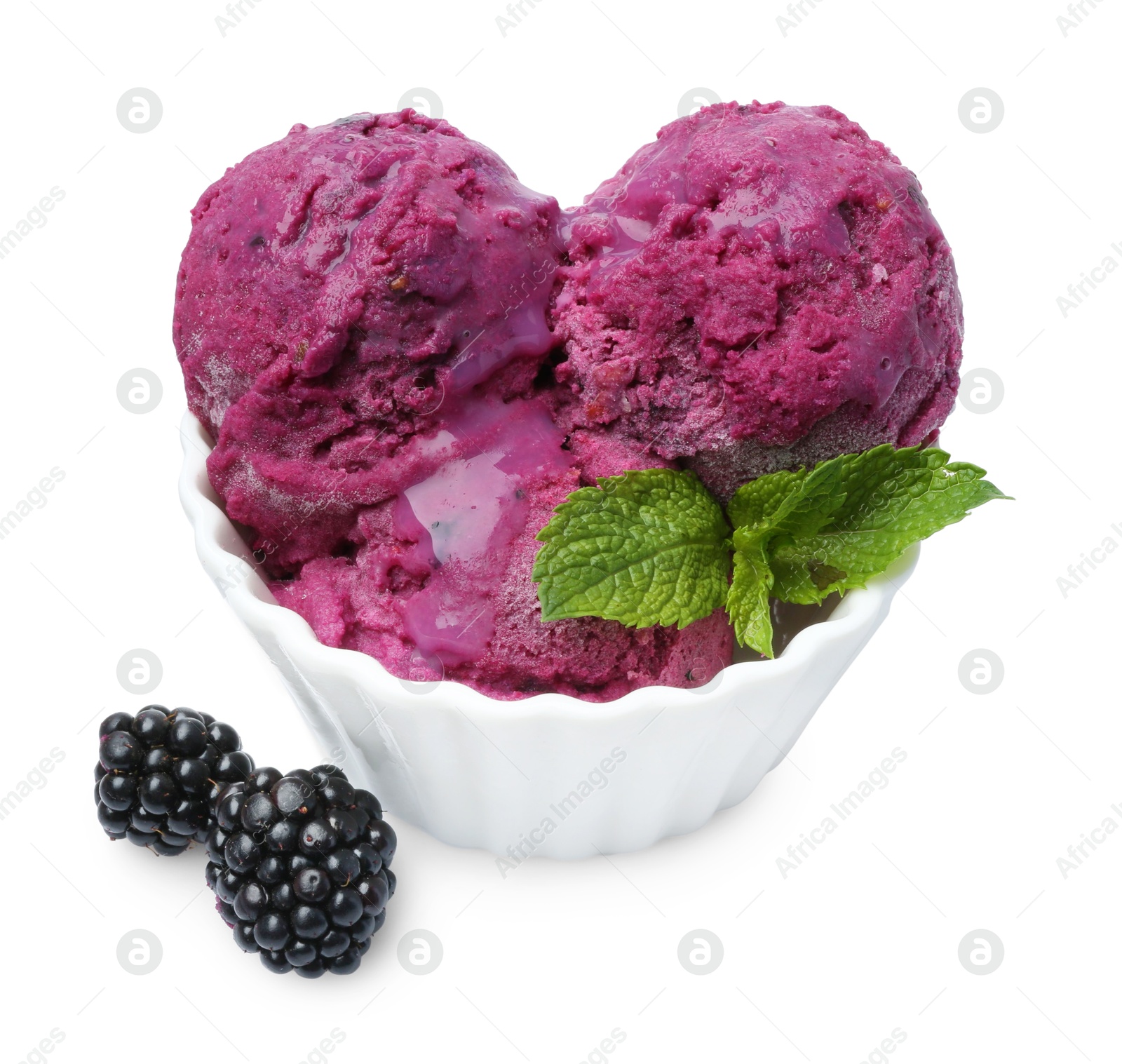 Photo of Delicious blackberry sorbet, mint and fresh berries isolated on white