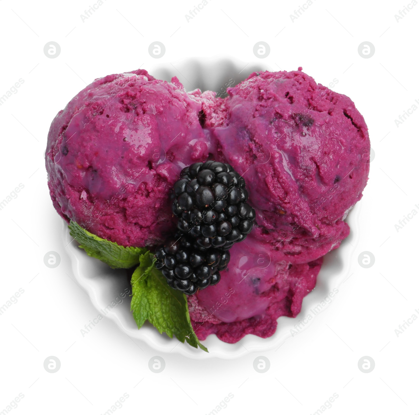 Photo of Delicious blackberry sorbet, mint and fresh berries isolated on white, top view