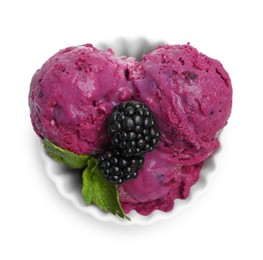 Photo of Delicious blackberry sorbet, mint and fresh berries isolated on white, top view