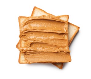 Photo of Delicious sandwich with peanut butter isolated white, top view