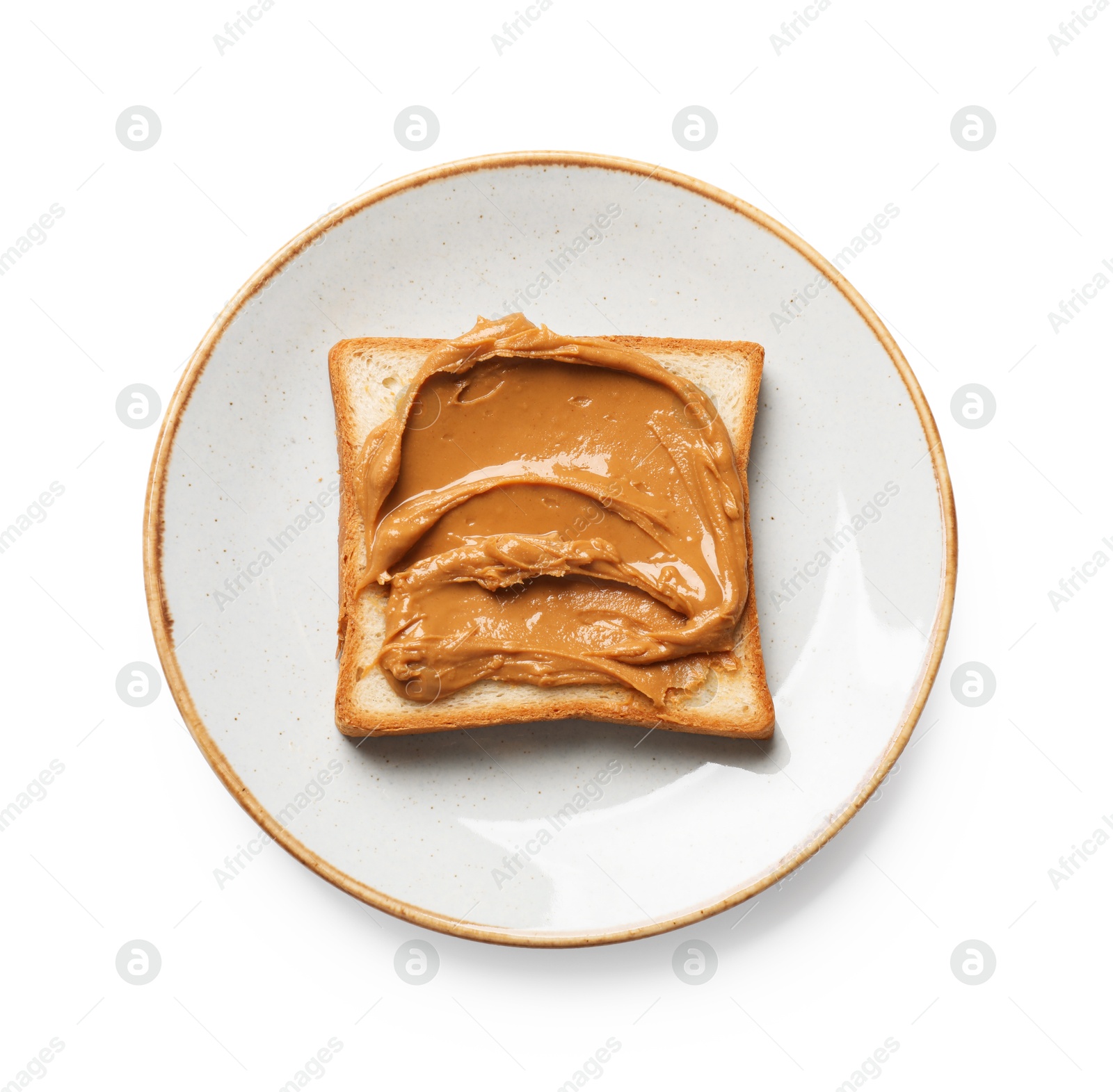 Photo of Delicious sandwich with peanut butter isolated white, top view