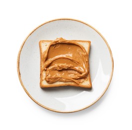 Photo of Delicious sandwich with peanut butter isolated white, top view