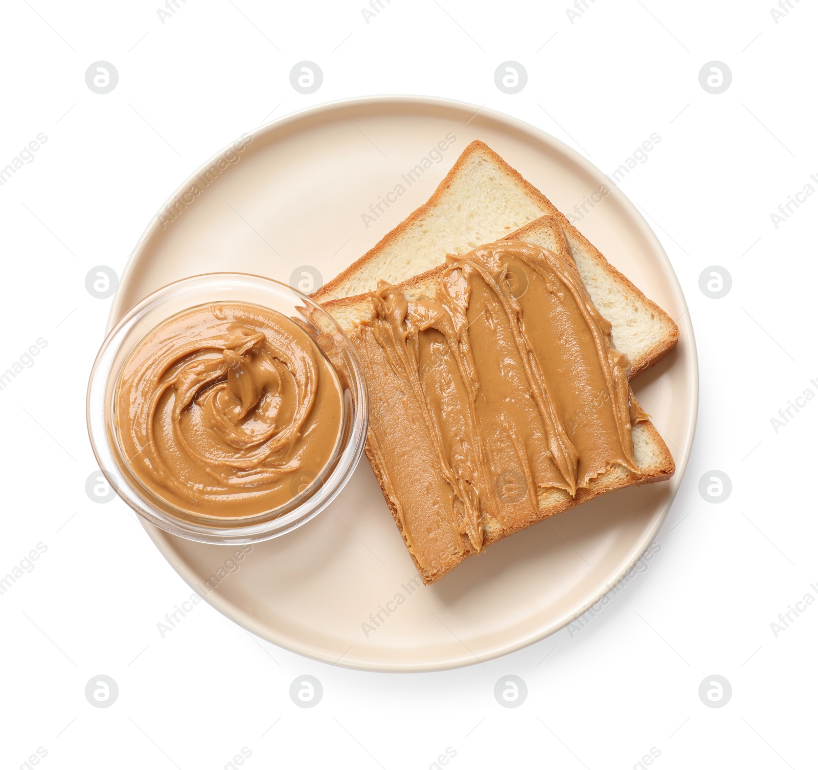 Photo of Delicious sandwich with peanut butter isolated white, top view