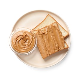 Photo of Delicious sandwich with peanut butter isolated white, top view