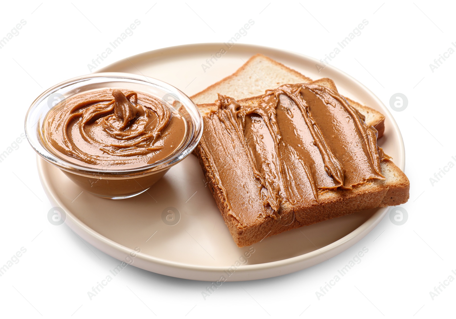 Photo of Delicious sandwich with peanut butter isolated white