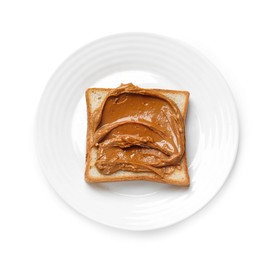 Photo of Delicious sandwich with peanut butter isolated white, top view