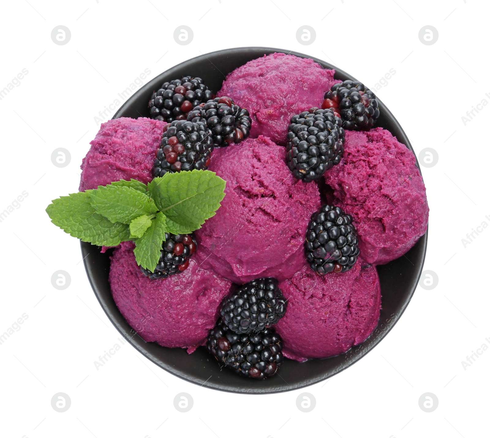 Photo of Delicious blackberry sorbet, fresh berries and mint in bowl isolated on white, top view