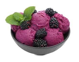 Photo of Delicious blackberry sorbet, fresh berries and mint in bowl isolated on white