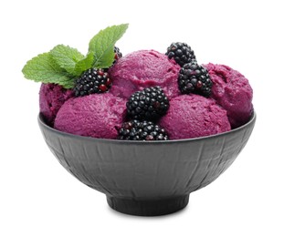 Delicious blackberry sorbet, fresh berries and mint in bowl isolated on white