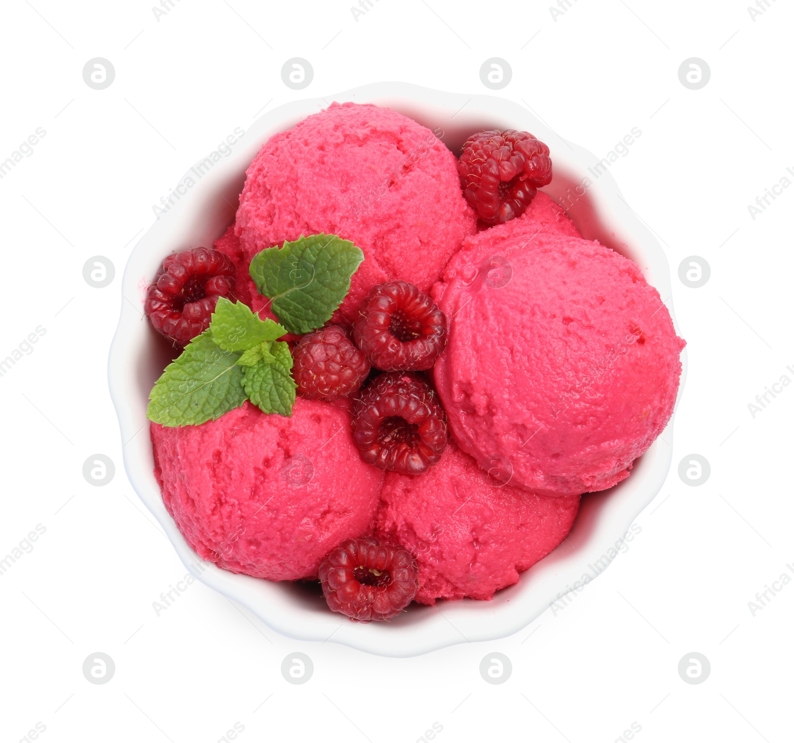 Photo of Delicious raspberry sorbet, fresh berries and mint in bowl isolated on white, top view