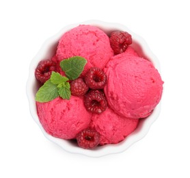 Photo of Delicious raspberry sorbet, fresh berries and mint in bowl isolated on white, top view