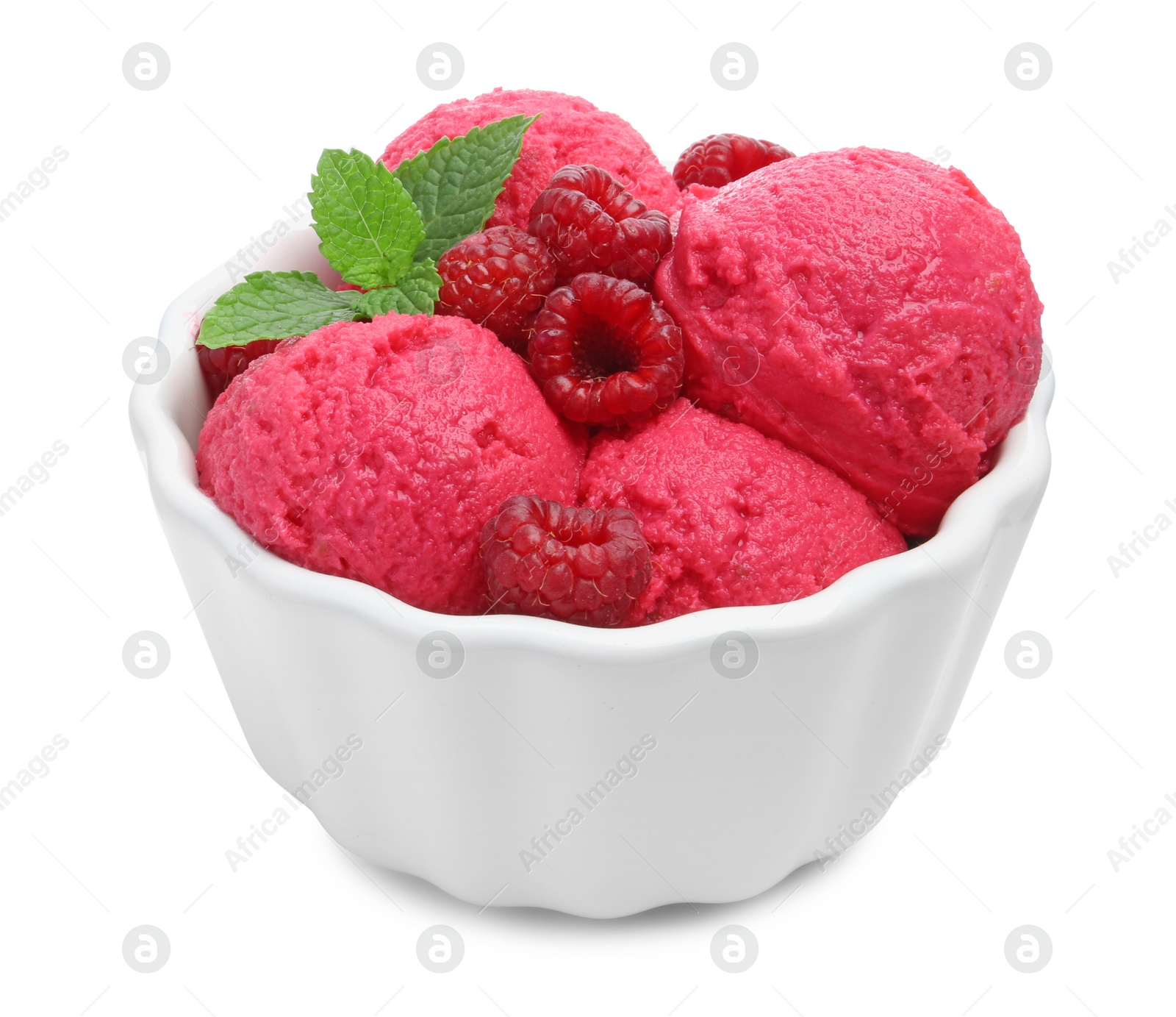 Photo of Delicious raspberry sorbet, fresh berries and mint in bowl isolated on white