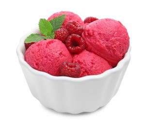 Photo of Delicious raspberry sorbet, fresh berries and mint in bowl isolated on white