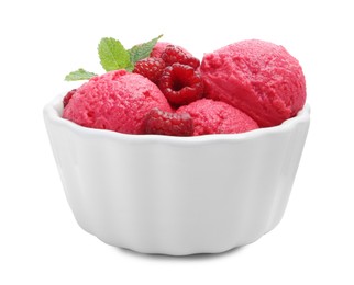 Photo of Delicious raspberry sorbet, fresh berries and mint in bowl isolated on white