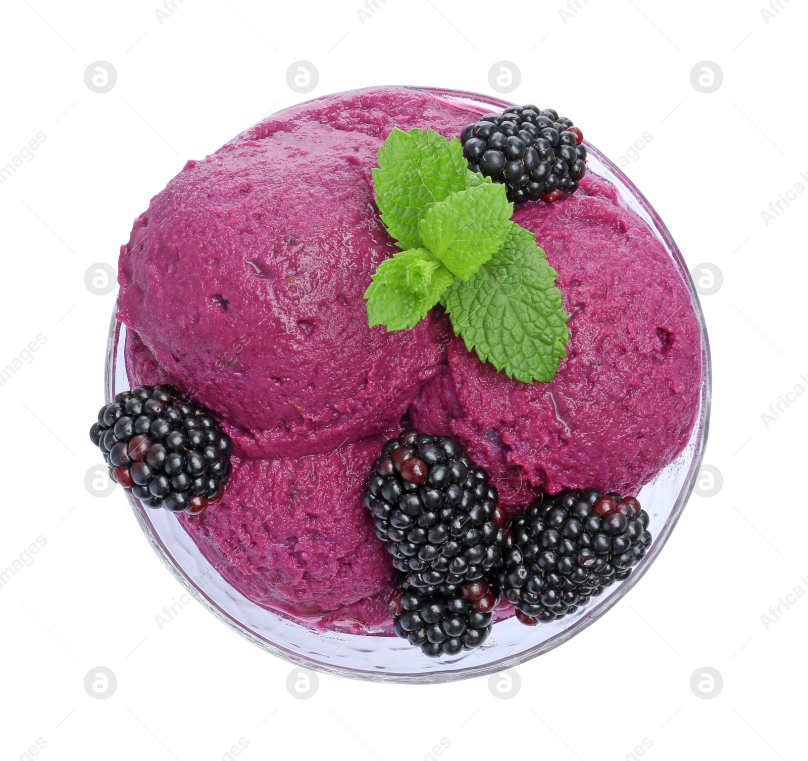 Photo of Delicious blackberry sorbet, fresh berries and mint in glass dessert bowl isolated on white, top view