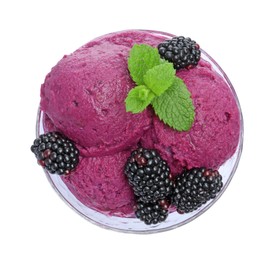 Photo of Delicious blackberry sorbet, fresh berries and mint in glass dessert bowl isolated on white, top view