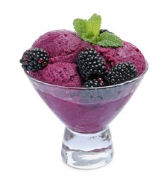 Photo of Delicious blackberry sorbet, fresh berries and mint in glass dessert bowl isolated on white