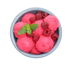 Photo of Delicious raspberry sorbet, fresh berries and mint in bowl isolated on white, top view