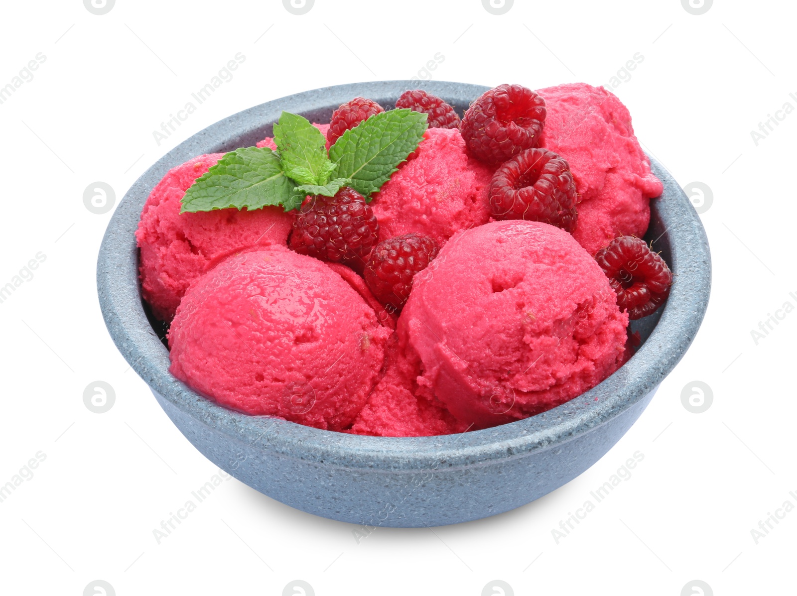 Photo of Delicious raspberry sorbet, fresh berries and mint in bowl isolated on white