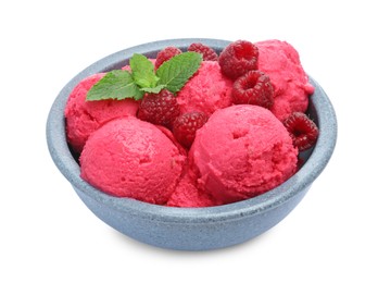 Photo of Delicious raspberry sorbet, fresh berries and mint in bowl isolated on white