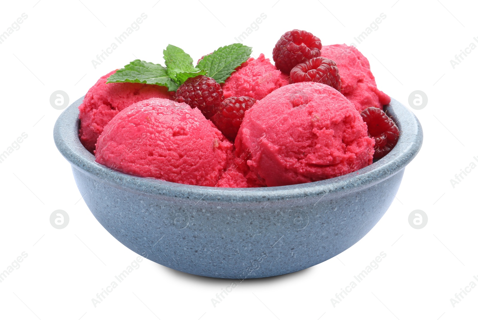 Photo of Delicious raspberry sorbet, fresh berries and mint in bowl isolated on white