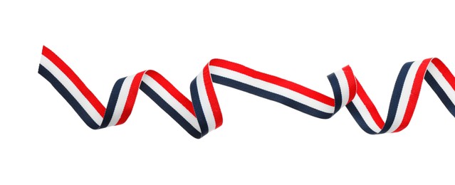 Photo of Ribbon in colors of Yemeni flag isolated on white, top view