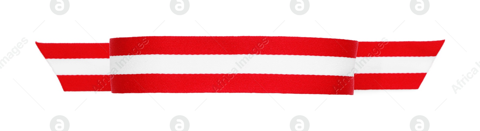 Photo of Ribbon in colors of Austrian flag isolated on white, top view