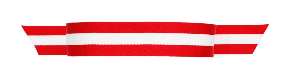 Photo of Ribbon in colors of Austrian flag isolated on white, top view