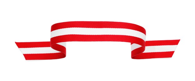 Photo of Ribbon in colors of Austrian flag isolated on white, top view