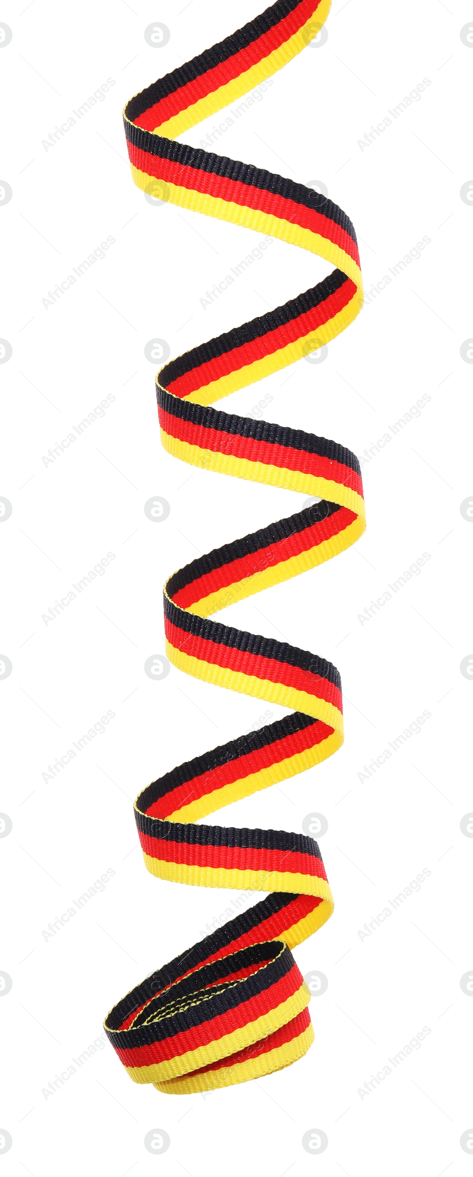 Photo of Ribbon in colors of German flag isolated on white, top view