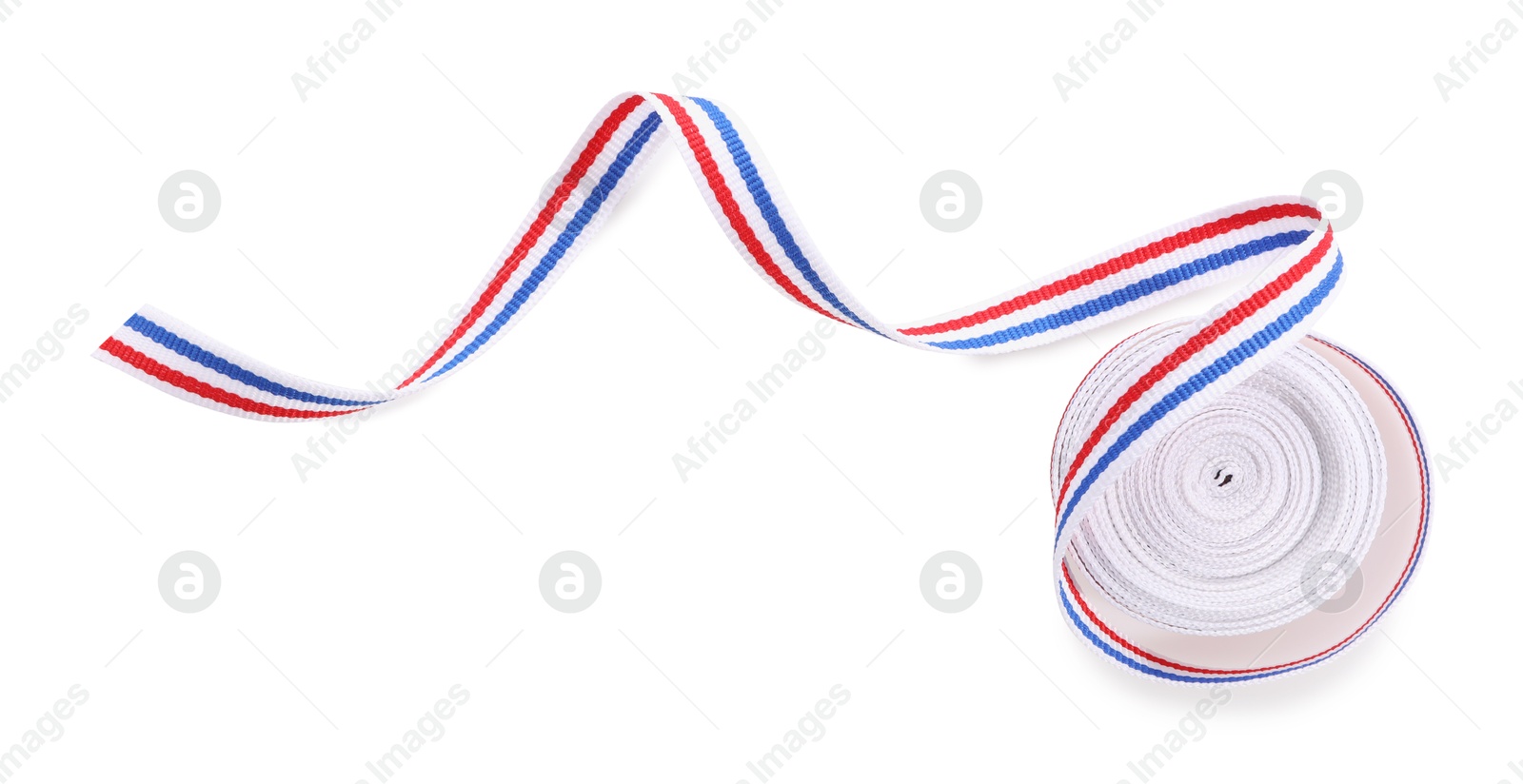 Photo of Ribbon in colors of Netherlands flag isolated on white, top view