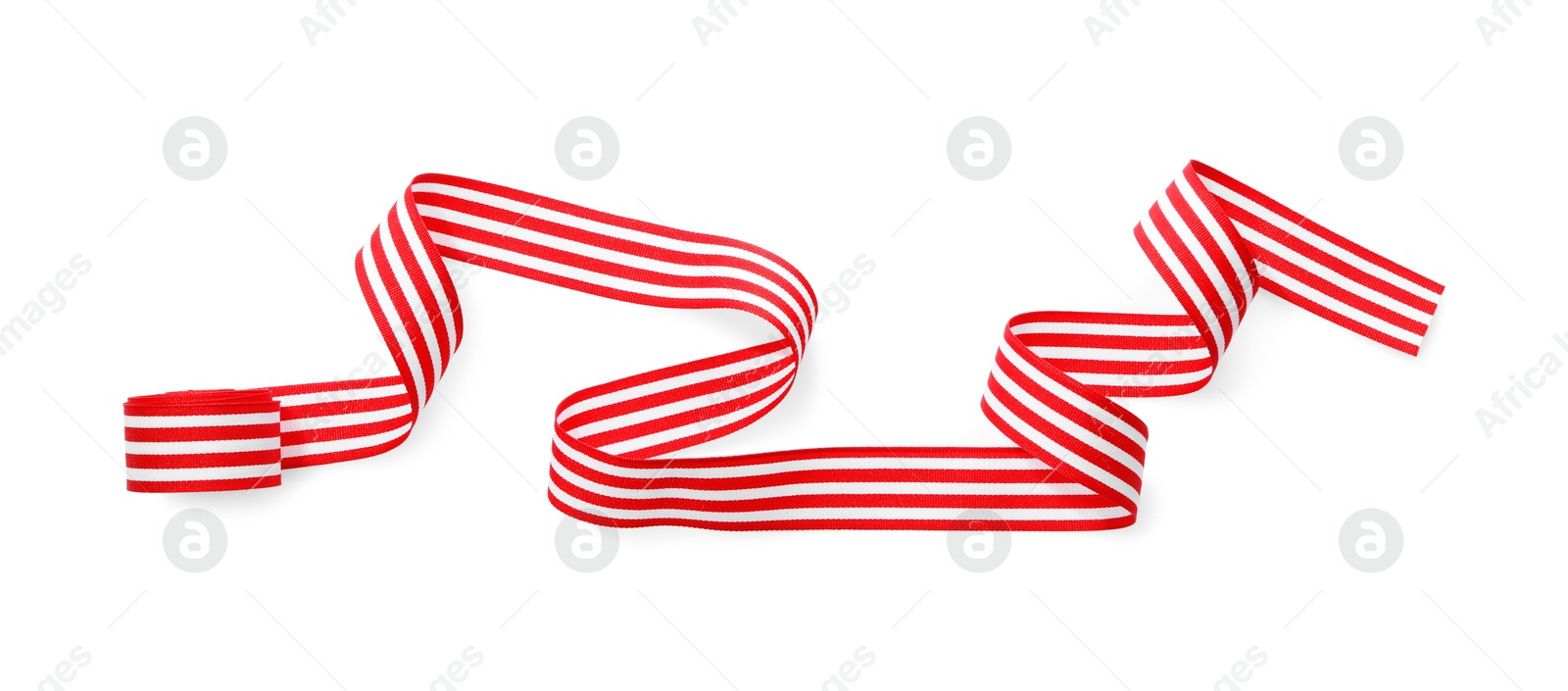 Photo of One striped ribbon isolated on white, top view