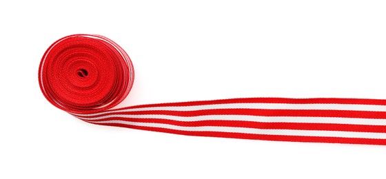 Roll of striped ribbon isolated on white, top view